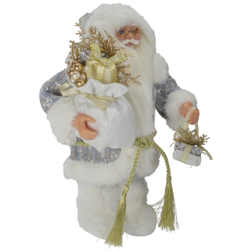 12" White and Gold Standing Santa Carrying a Full Sac Of Presents Christmas Figure