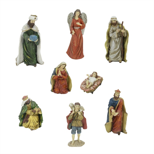 8-Piece Green and Red Jewel Tone Inspirational Religious Christmas Nativity  Figurine Set 12.25