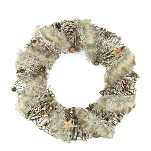Brown Rustic Style Faux Fur Trimmed Glittered Christmas Wreath - 13.5-Inch, Unlit