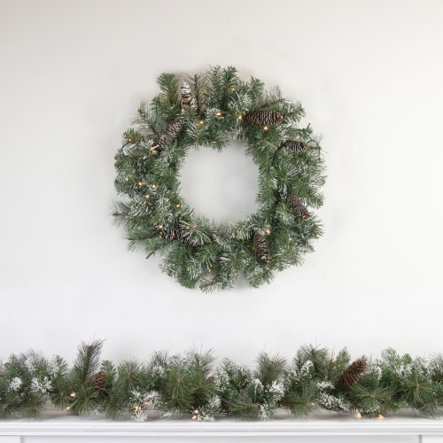 24" Pre-Lit Artificial Frosted Pine and Pine Cone Christmas Wreath