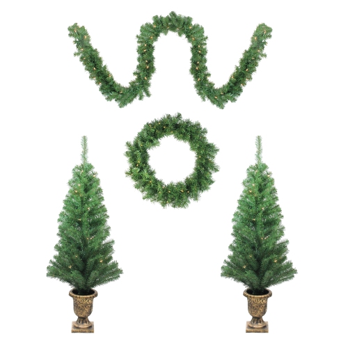 5-Piece Pre-Lit Artificial Winter Spruce Christmas Trees, Wreath and Garland Set - Clear Lights