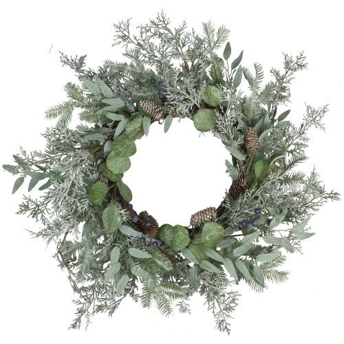 Frosted Green Mixed Foliage and Blueberries Artificial Christmas Wreath, 26-Inch, Unlit