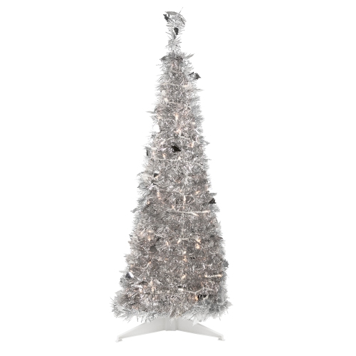 NORTHLIGHT  4' Pre-Lit Tinsel Pop-Up Artificial Christmas Tree, Clear Lights In Silver