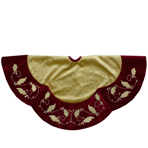 NORTHLIGHT  48-Inch And Burgundy Velvet Christmas Tree Skirt In Gold
