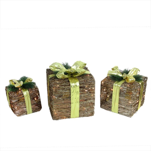 NORTHLIGHT  Set Of 3 Brown And Lighted Glitter Gift Boxes Christmas Decoration 12" In Green