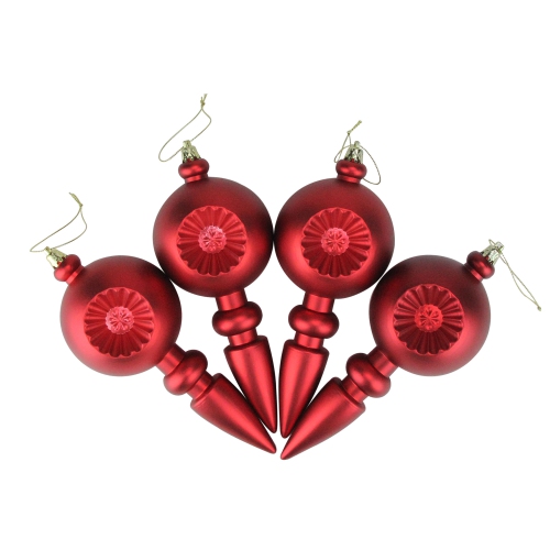 4ct Matte Red Hot Retro Reflector Shatterproof Christmas Finial Ornaments 7.5"