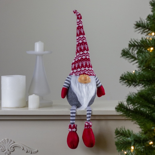 24" Gray and Red Smiling Dangling Leg Christmas Gnome Decoration