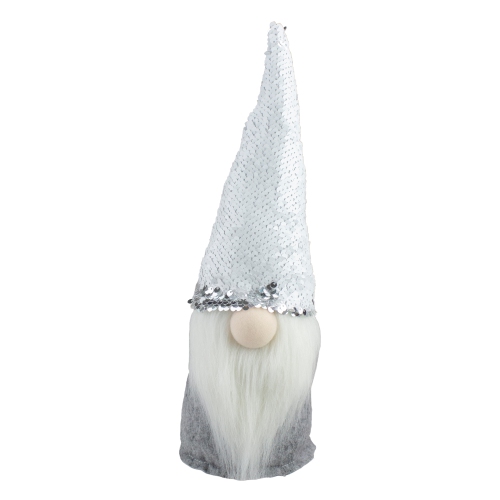 14" Silver Reverse Sequin White and Gray Gnome Christmas Decoration