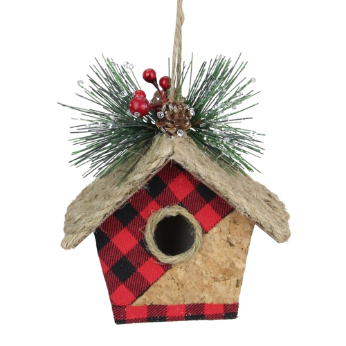 5.75in Red and Black Buffalo Plaid Hanging Bird House Christmas Ornament
