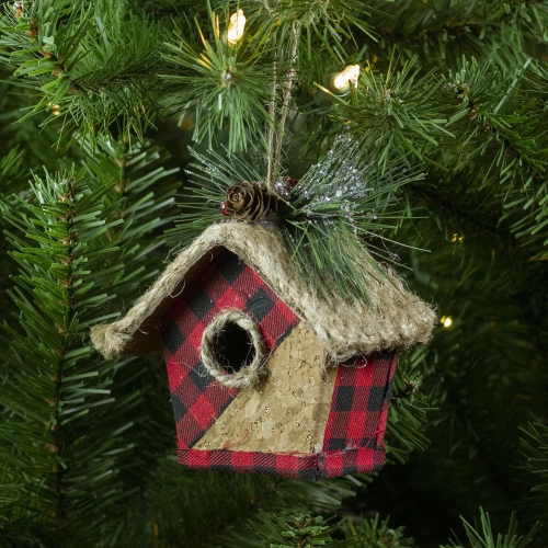 5.75in Red and Black Buffalo Plaid Hanging Bird House Christmas Ornament