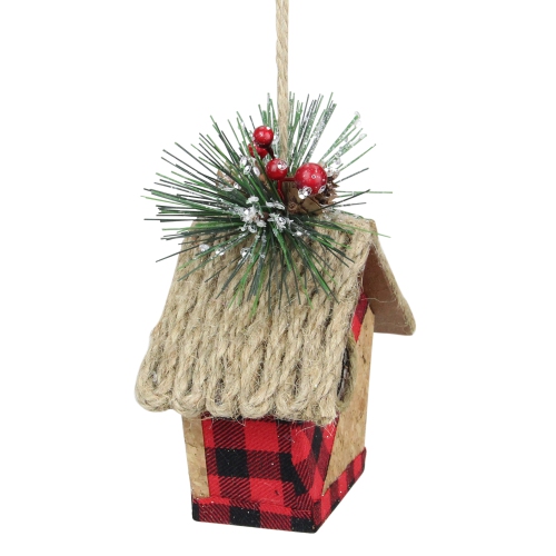 5.75in Red and Black Buffalo Plaid Hanging Bird House Christmas Ornament
