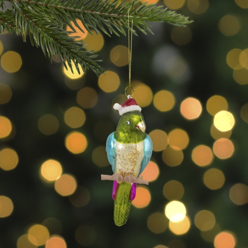 6.25" Green and Blue Parrot in a Santa Hat Glass Christmas Ornament