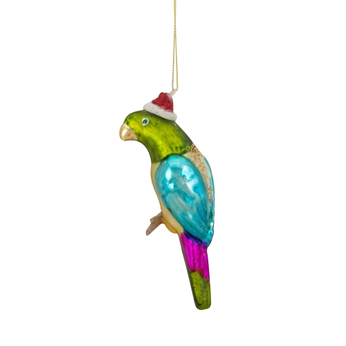 6.25" Green and Blue Parrot in a Santa Hat Glass Christmas Ornament