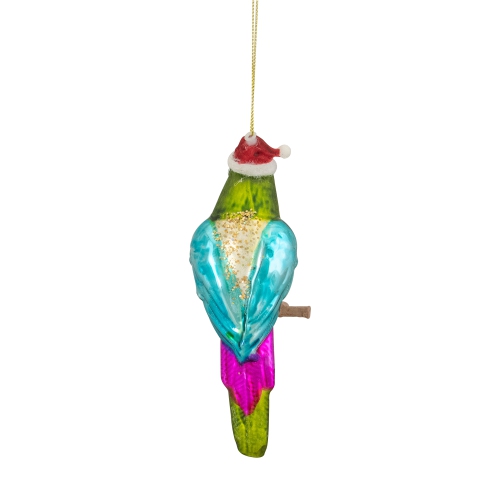 6.25" Green and Blue Parrot in a Santa Hat Glass Christmas Ornament