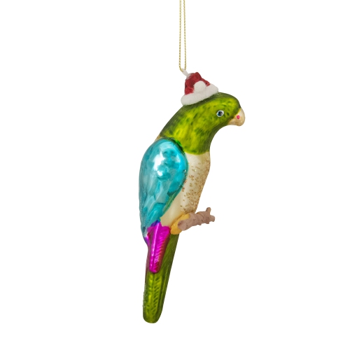6.25" Green and Blue Parrot in a Santa Hat Glass Christmas Ornament