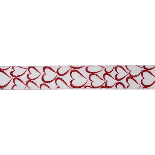White and Red Glitter Hearts Valentine's Wired Craft Ribbon 2.5" x 10 Yards