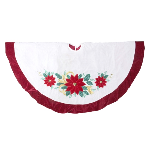 48" White Poinsettia with Ribbon and Beads Christmas Tree Skirt