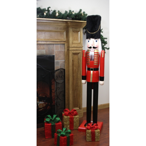 Statue de Noël en bois rouge et noir de 5 pi de taille commerciale Soldat du casse-noisette
