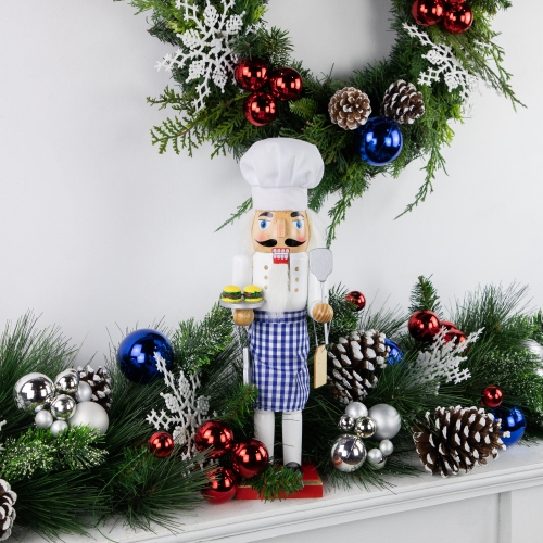 14.25" Decorative Wooden Christmas Nutcracker Chef with Gingham Apron