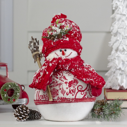 12.25" Red and White Standing Snowman Table Top Christmas Figure with Broom