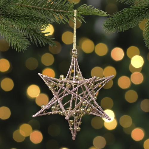 5" Glitter Rose Gold Iron Wire Starburst with Beads Christmas Ornament
