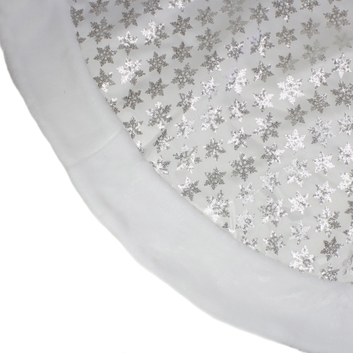 60" White and Silver Sequin Snowflake Christmas Tree Skirt with Faux Fur Border