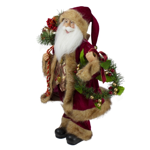 18" Red Santa Claus Holding a Wreath and Gift Bag Christmas Figurine