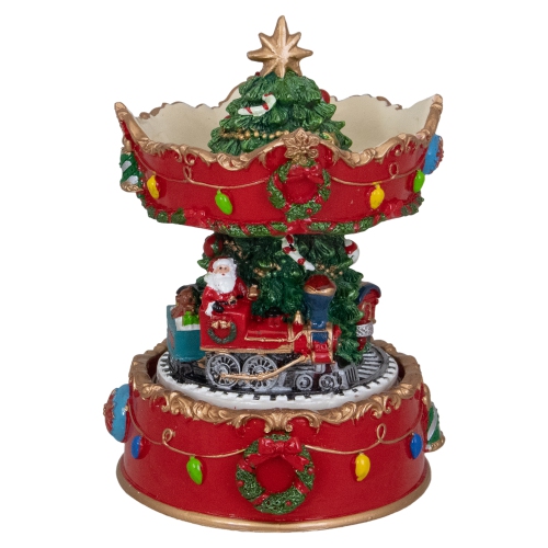 NORTHLIGHT  6" And Gold Musical Santa On Train Christmas Carousel Music Box In Red