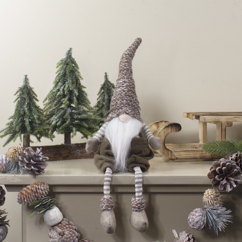 18.5" Brown and White Sitting Tabletop Gnome Christmas Decoration