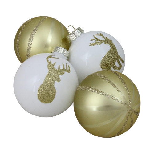 NORTHLIGHT  4Ct Champagne Gold And Deer 2-Finish Christmas Ball Ornaments 4.5" (110Mm) In White