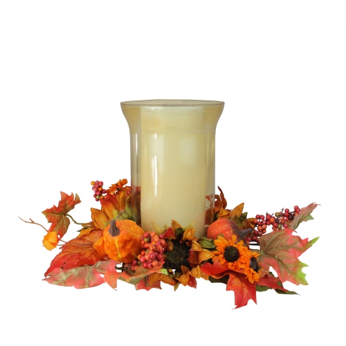 16" Orange and Red Sunflower with Pumpkin Fall Pillar Candle Holder