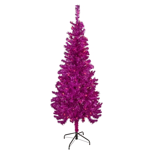 NORTHLIGHT  6' Pre-Lit Artificial Tinsel Christmas Tree, Clear Lights In Pink