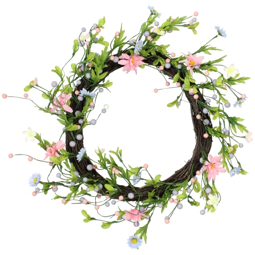 Daisy Twig Artificial Floral Wreath, Green and Pink 15-Inch