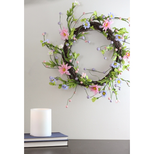 Daisy Twig Artificial Floral Wreath, Green and Pink 15-Inch