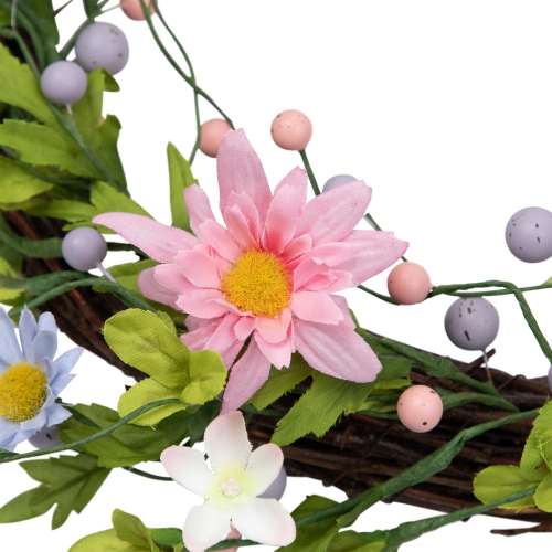 Daisy Twig Artificial Floral Wreath, Green and Pink 15-Inch
