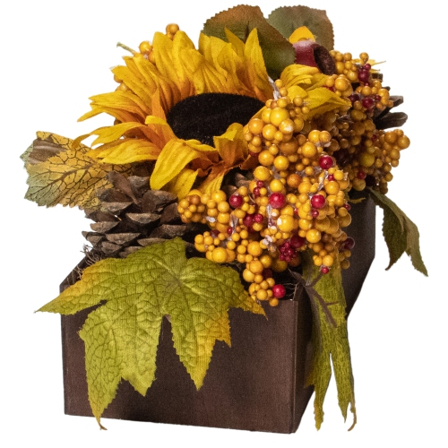 10" Yellow and Brown Sunflowers and Leaves Fall Harvest Floral Arrangement