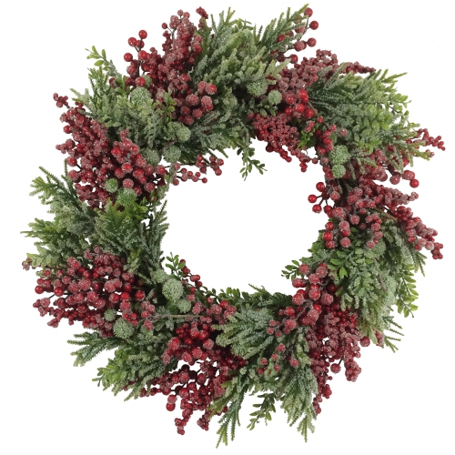 Artificial Frosted Red Berry and Pine Christmas Wreath, 28-Inch, Unlit