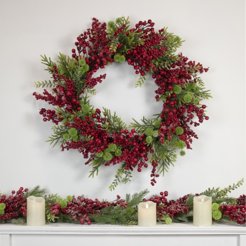 Artificial Frosted Red Berry and Pine Christmas Wreath, 28-Inch, Unlit
