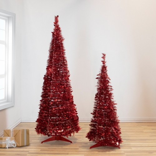 4' Red Tinsel Pop-Up Artificial Christmas Tree, Unlit