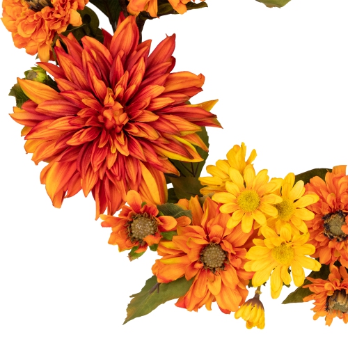 Mums and Daisies Twig Artificial Floral Wreath, Orange 22-Inch
