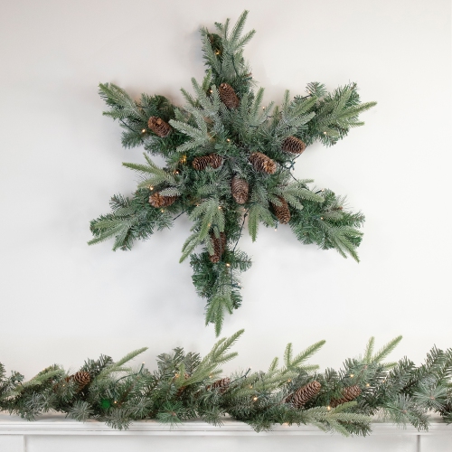 32" Pre-Lit Artificial Mixed Pine and Pine Cone Christmas Snowflake Wreath