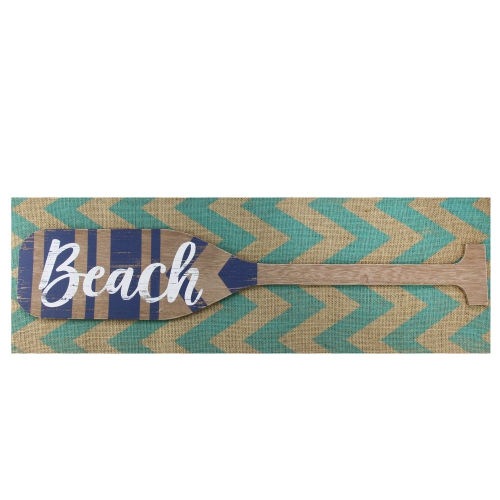 NORTHLIGHT  Aqua Chevron Burlap With “Beach" Wood Look Oar Linen Wall Art 24" In Blue