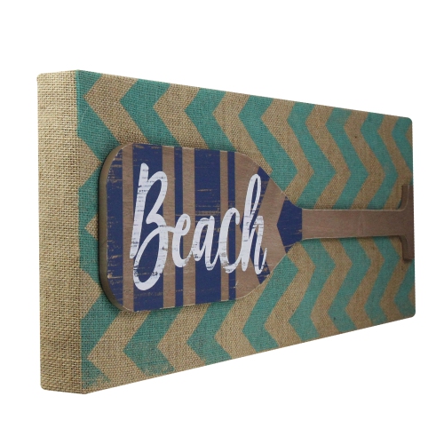 Aqua Blue Chevron Burlap with “Beach" Wood Look Oar Linen Wall Art 24"
