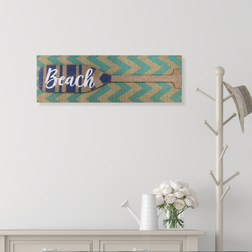 Aqua Blue Chevron Burlap with “Beach" Wood Look Oar Linen Wall Art 24"