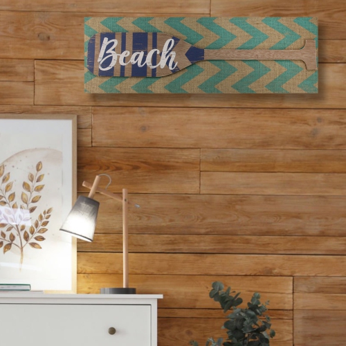 Aqua Blue Chevron Burlap with “Beach" Wood Look Oar Linen Wall Art 24"
