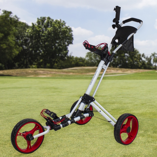 48" White and Red Easy Folding 3 Wheel Golf Bag Push Cart