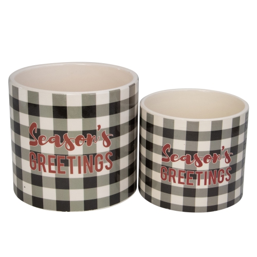 Set of 4 White and Black Holiday Slogan Printed Christmas Pots 6"