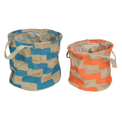 AVON  Set Of 2 And Teal Burlap Baskets With Handles 12" In Orange