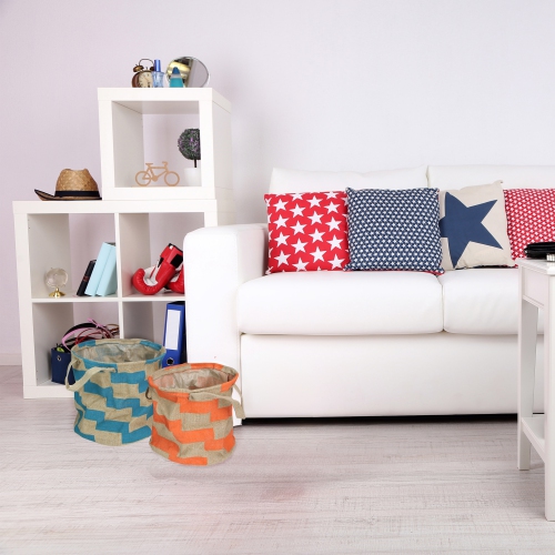 Set of 2 Orange and Teal Burlap Baskets With Handles 12"