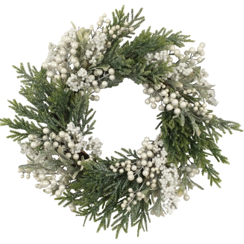 Artificial Christmas Wreath with Frosted Foliage and Berries, 20-Inch, Unlit